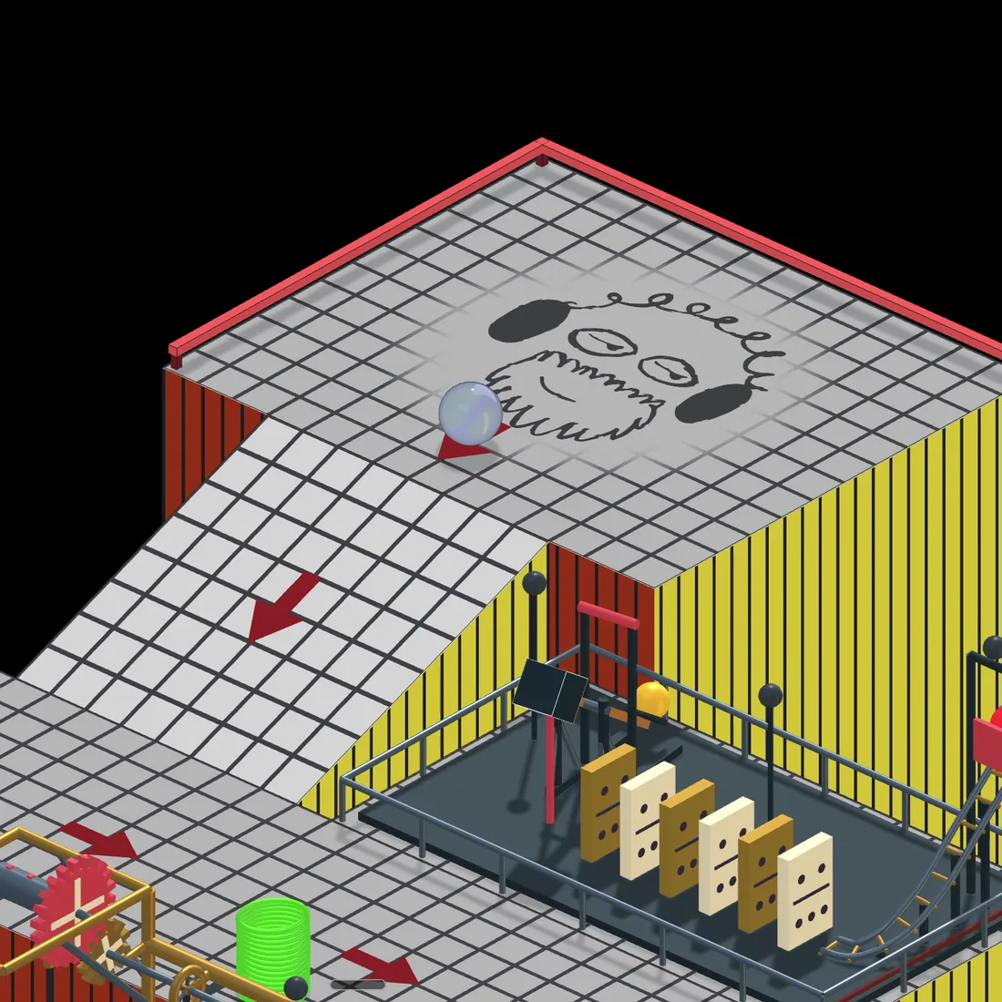 A glass marble at the top of a tiled ramp, above a row of standing dominoes, a green slinky and bright yellow walls.